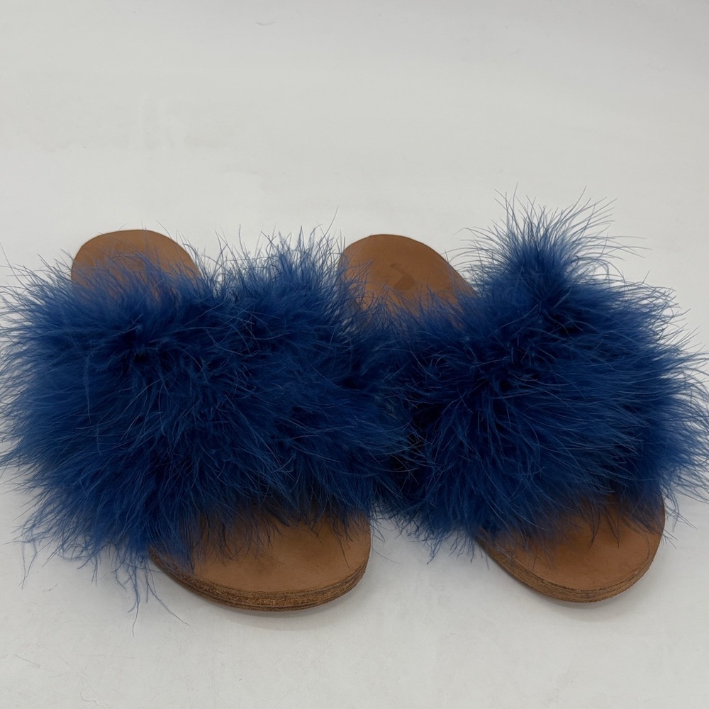 Brother Vellies Lamu Marabou Feather Sandals/Slides in Blue - Size 7